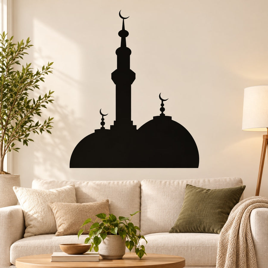 Black mosque silhouette wall decal with domes, minarets, and crescent finials