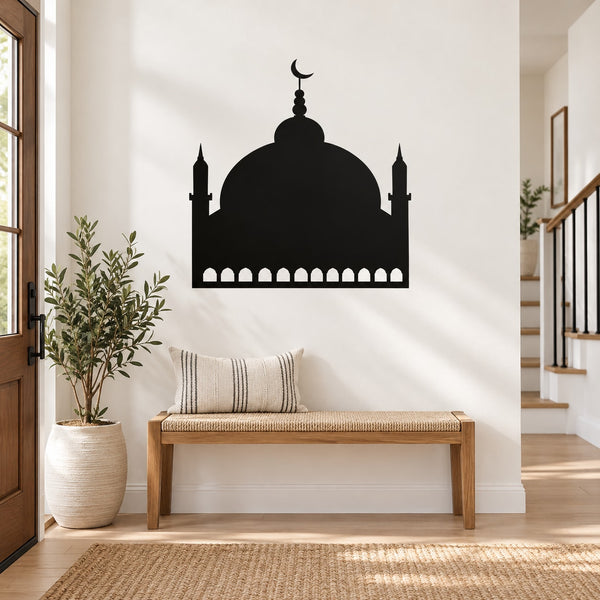 Black mosque silhouette wall decal with dome, minarets, and arch design