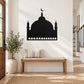 Black mosque silhouette wall decal with dome, minarets, and arch design