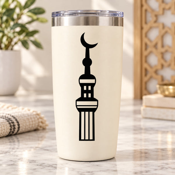White tumbler with black mosque minaret decal
