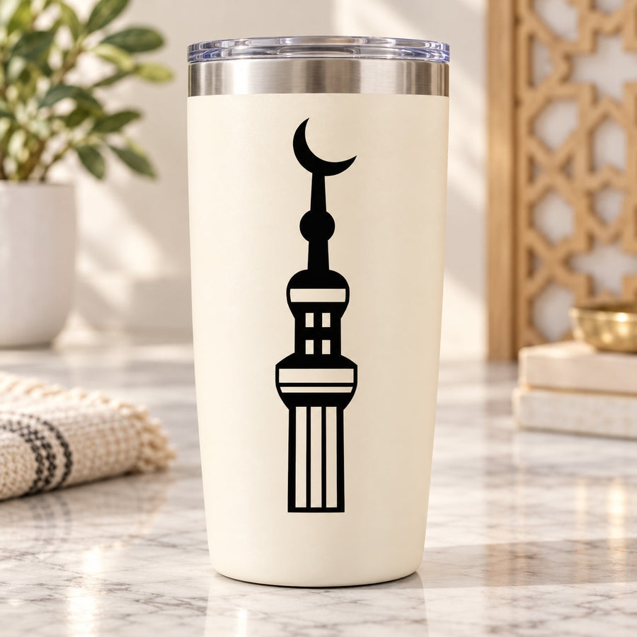 White tumbler with black mosque minaret decal
