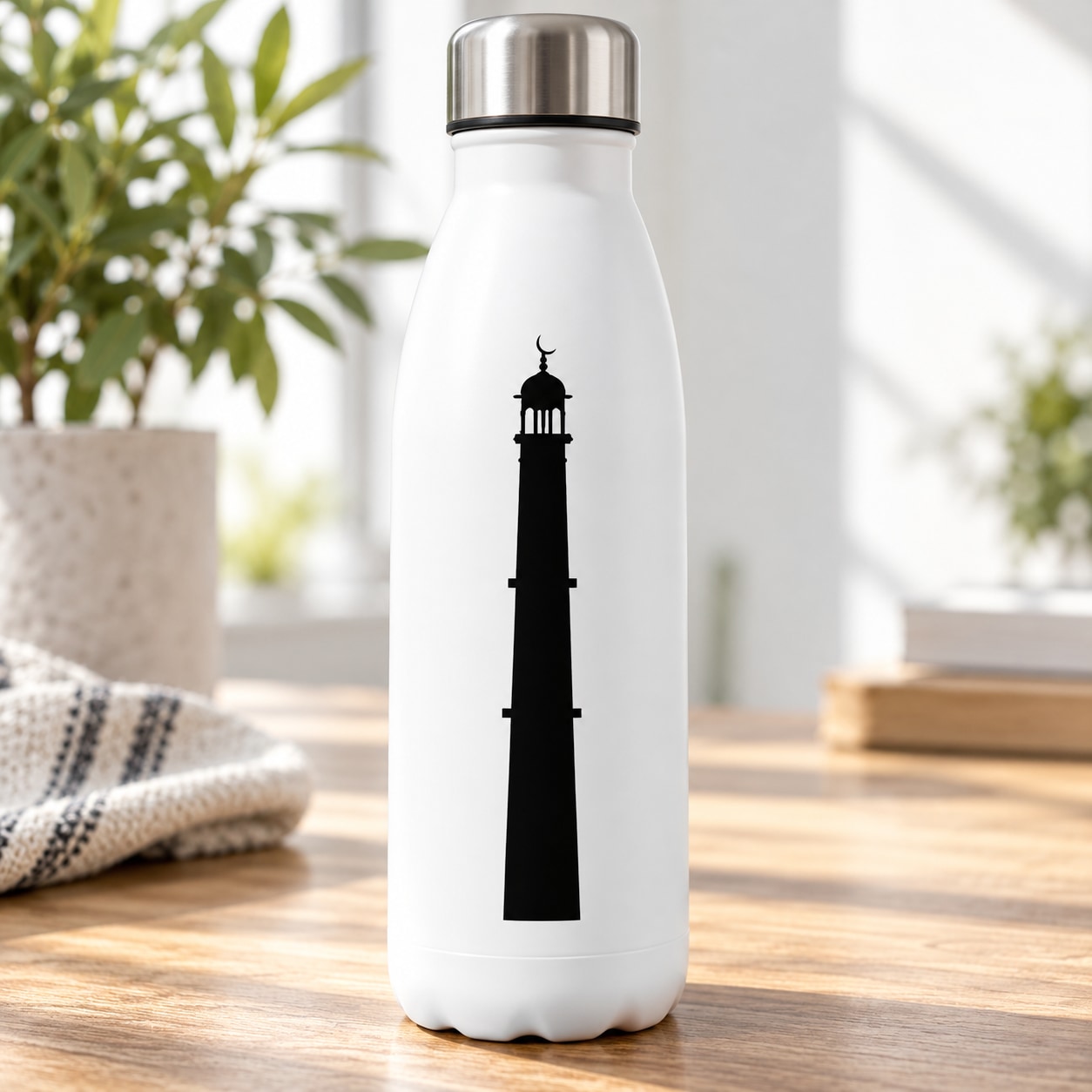White water bottle with black mosque silhouette decal and silver cap