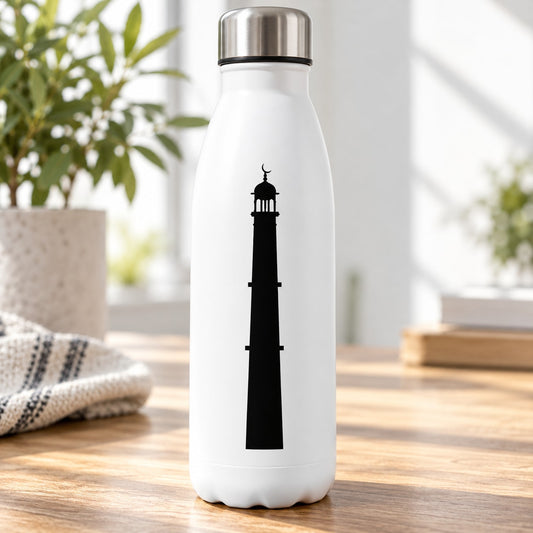 White water bottle with black mosque silhouette decal and silver cap