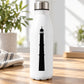 White water bottle with black mosque silhouette decal and silver cap