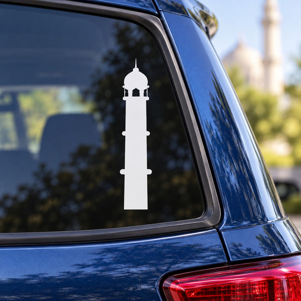 Mosque pillar decal with white tower silhouette on car window