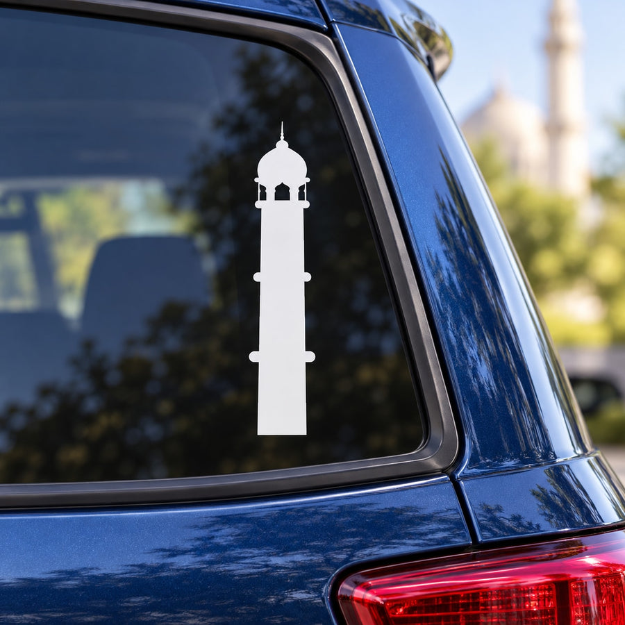 Mosque pillar decal with white tower silhouette on car window