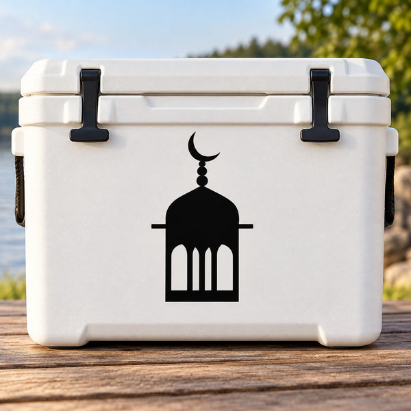 White hard cooler box with black latches and mosque crescent decal