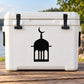 White hard cooler box with black latches and mosque crescent decal
