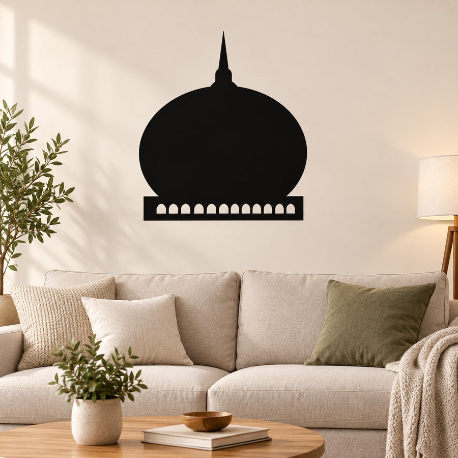 Black round mosque silhouette top decal with minaret and arched base