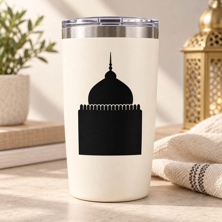 White tumbler with black mosque building decal