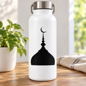 White water bottle with mosque silhouette and crescent moon decal