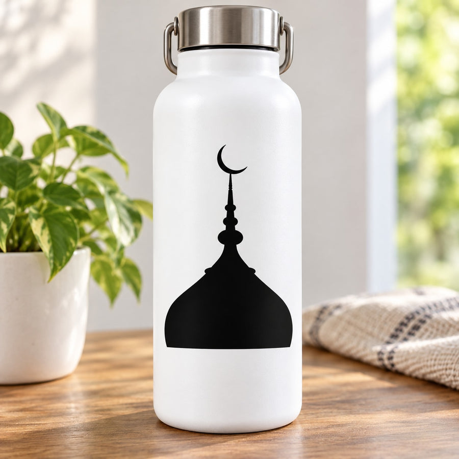 White water bottle with mosque silhouette and crescent moon decal