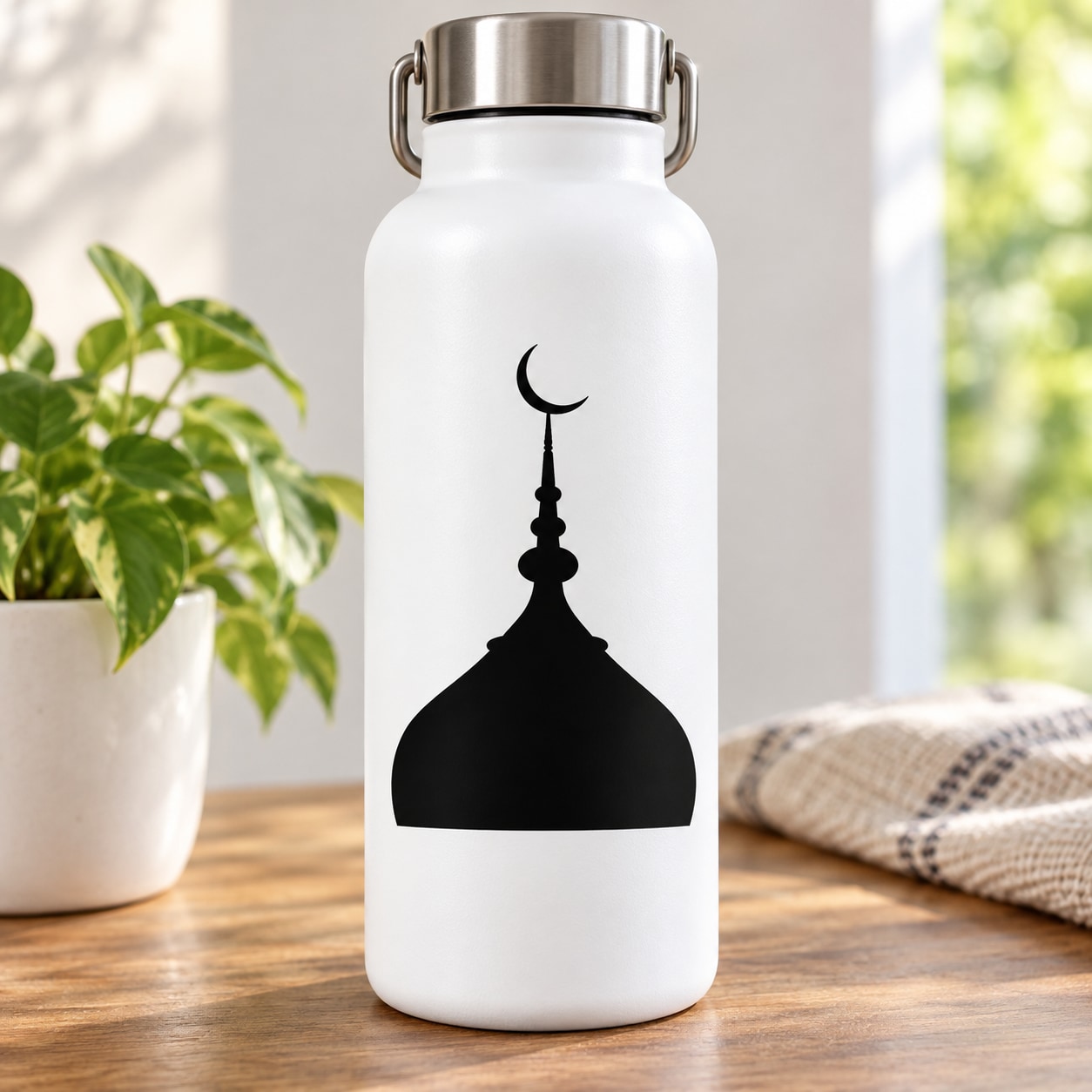 White water bottle with mosque silhouette and crescent moon decal