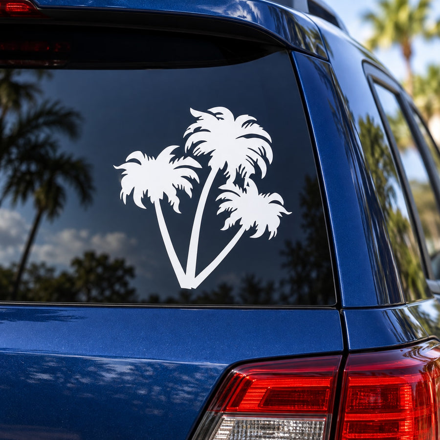 Three palm trees decal, white tropical palm silhouette on dark car window