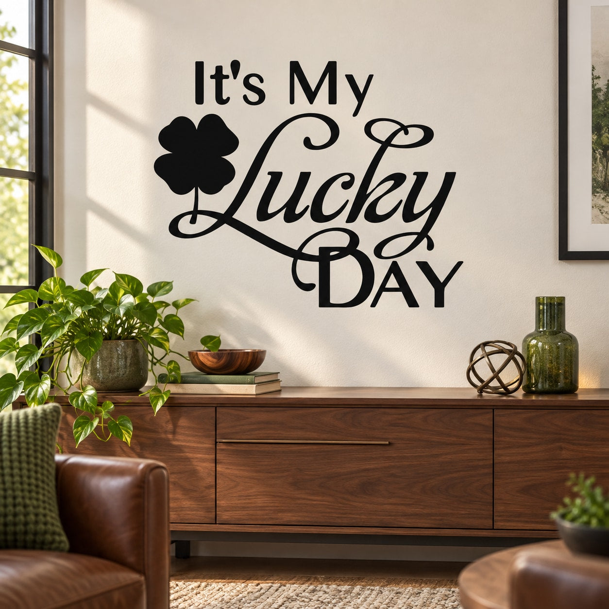 Clover decal sticker with "It's My Lucky Day" typography for wall decor