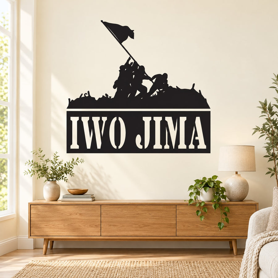 Iwo Jima flag wall decal with soldier silhouette and bold black "IWO JIMA" text