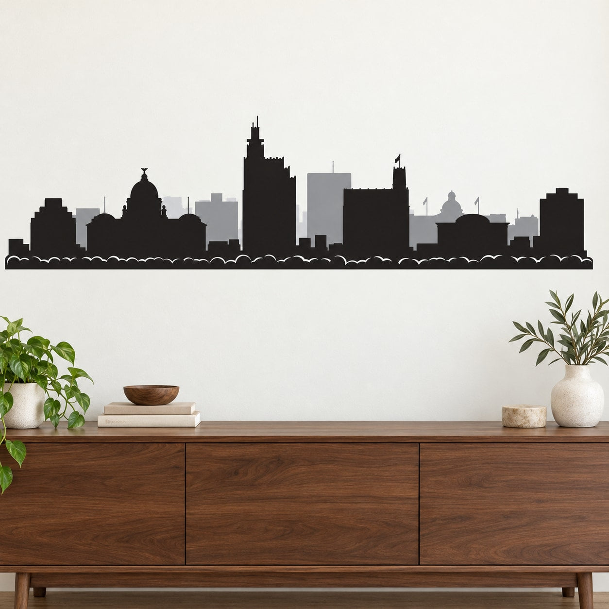 Black city skyline silhouette wall decal with skyscrapers and domed buildings