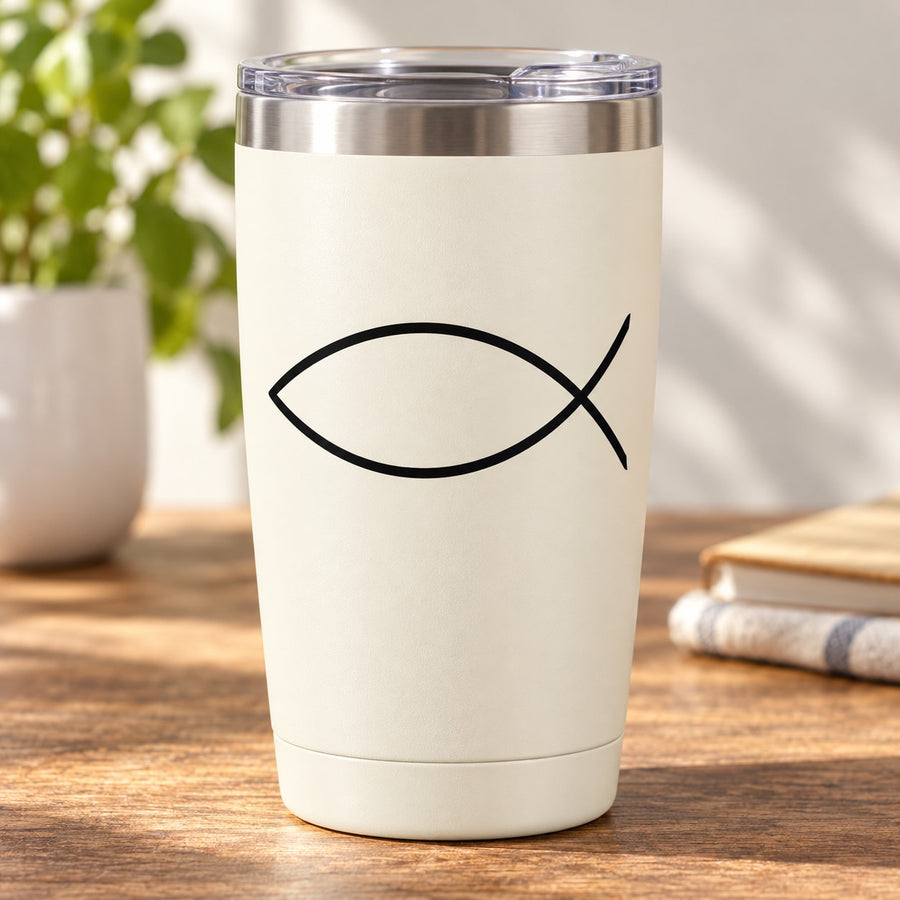 Black Jesus fish decal on white insulated tumbler, front view