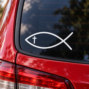 Christian fish decal with cross on car rear window, white vinyl