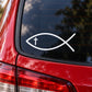 Christian fish decal with cross on car rear window, white vinyl