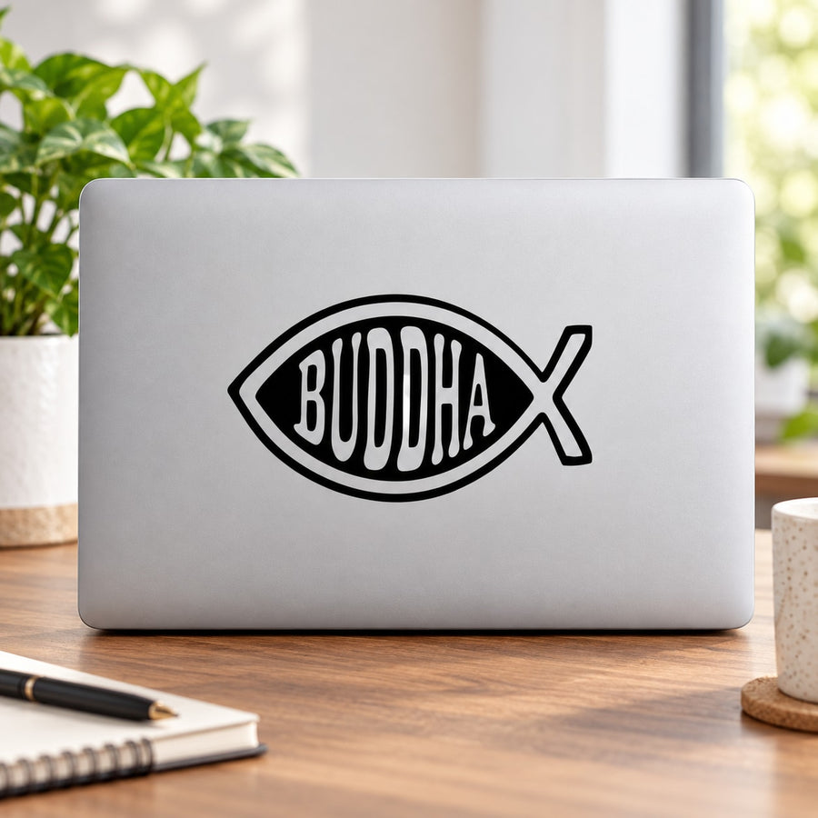 Black Buddha fish decal sticker with bold BUDDHA text inside fish outline