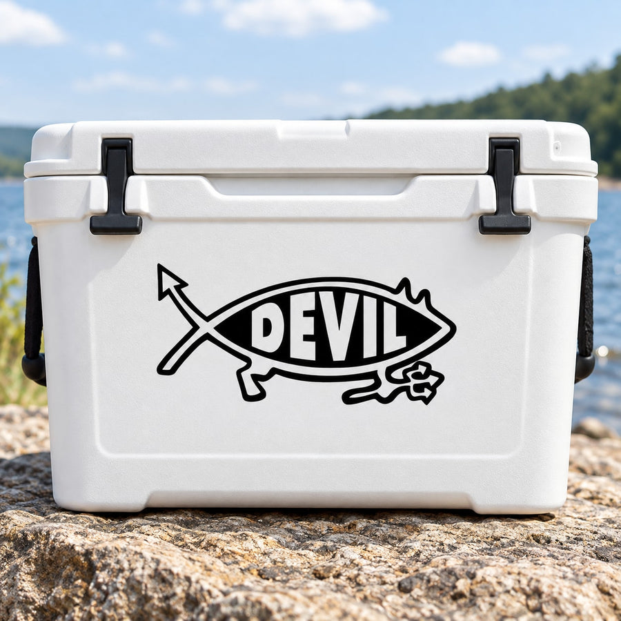 Devil fish decal with bold DEVIL text and crossed arrow fish graphic
