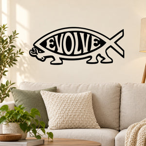 Fish wall decal with EVOLVE text, black outline and crossed tail