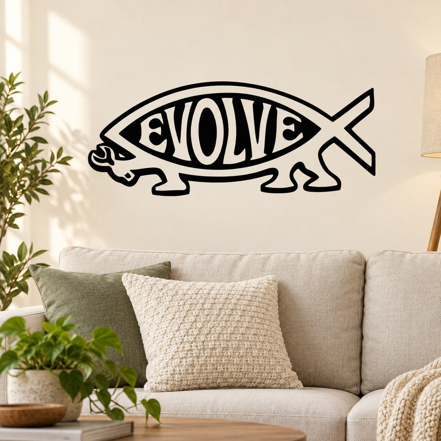 Fish wall decal with EVOLVE text, black outline and crossed tail