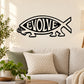 Fish wall decal with EVOLVE text, black outline and crossed tail