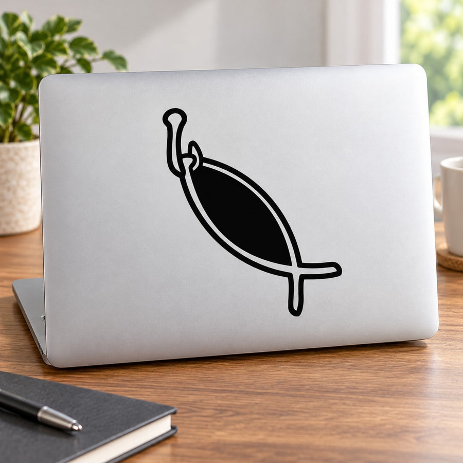 Black fish decal with a hook-shaped outline and simple line design