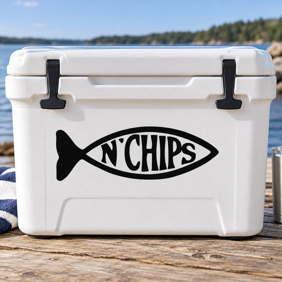Black fish decal reading 'nCHIPS' on a white cooler