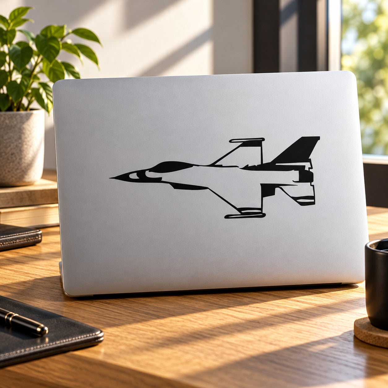 Black F-16 fighter jet decal on white laptop lid