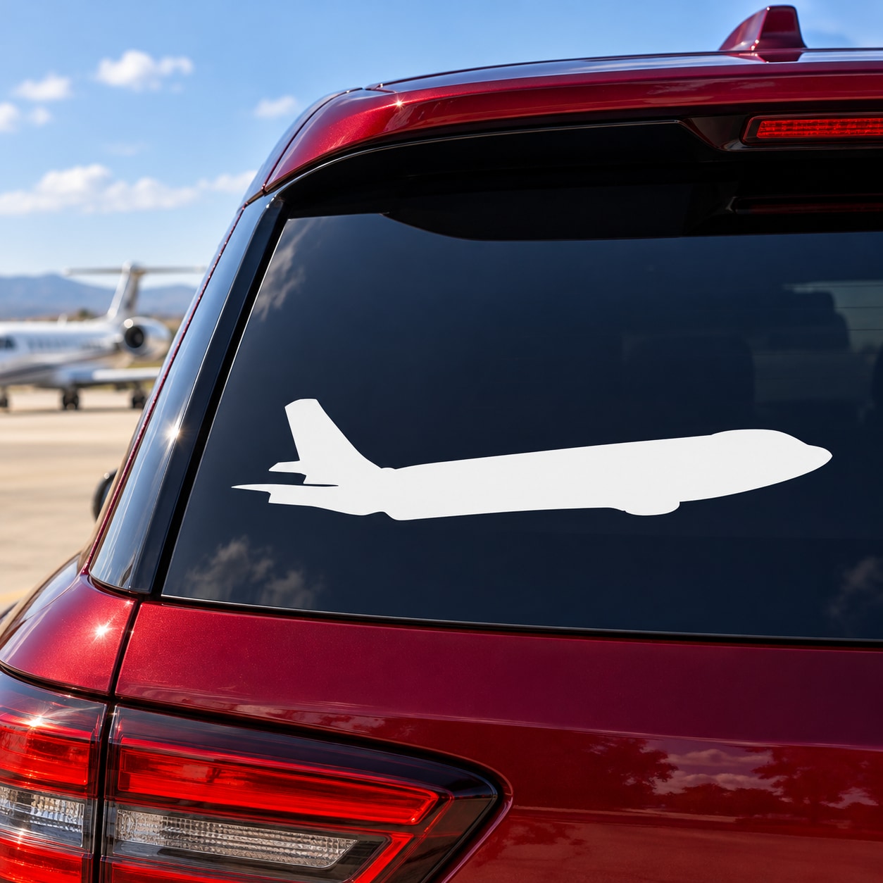 White passenger airliner silhouette decal on a vehicle window