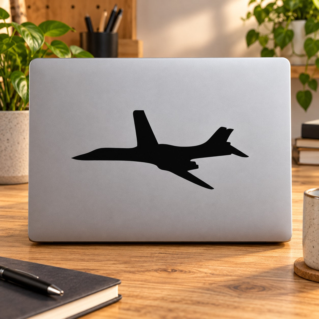 Airplane flying decal with dark jet silhouette on light laptop lid
