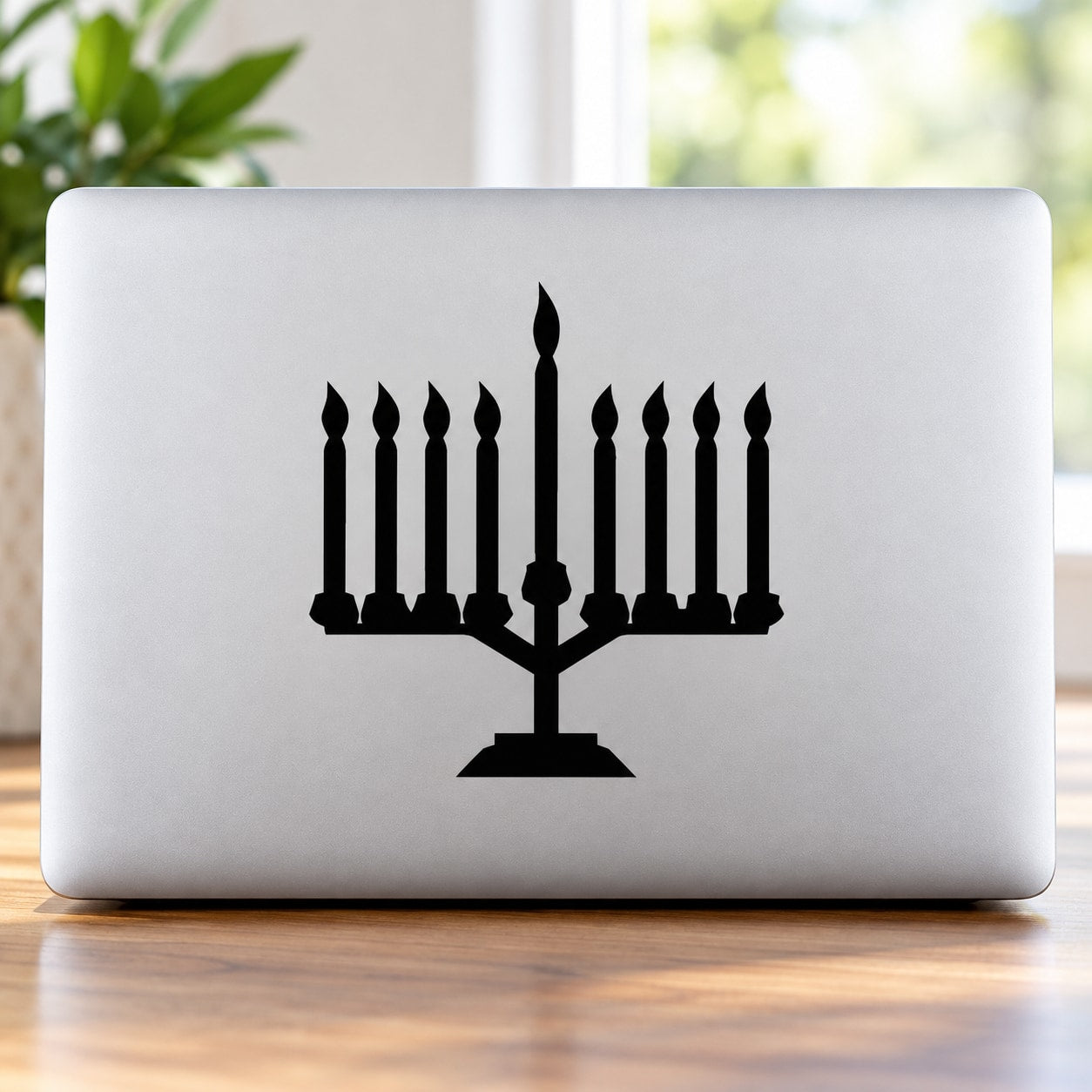 Menorah decal sticker with black candelabra and nine candle icons