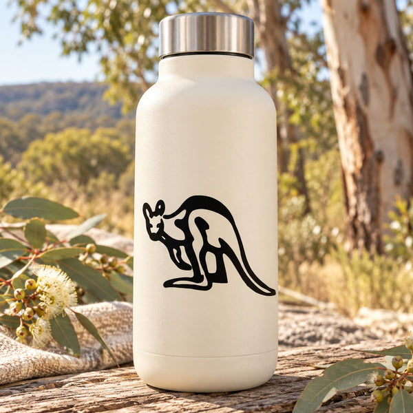 White bottle with black kangaroo staring decal