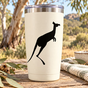 Kangaroo jumping decal on white tumbler, black silhouette