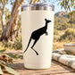 Kangaroo jumping decal on white tumbler, black silhouette
