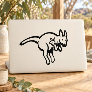 Kangaroo and joey decal in black outline on white laptop cover