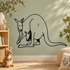 Mother kangaroo and baby wall decal in black line art