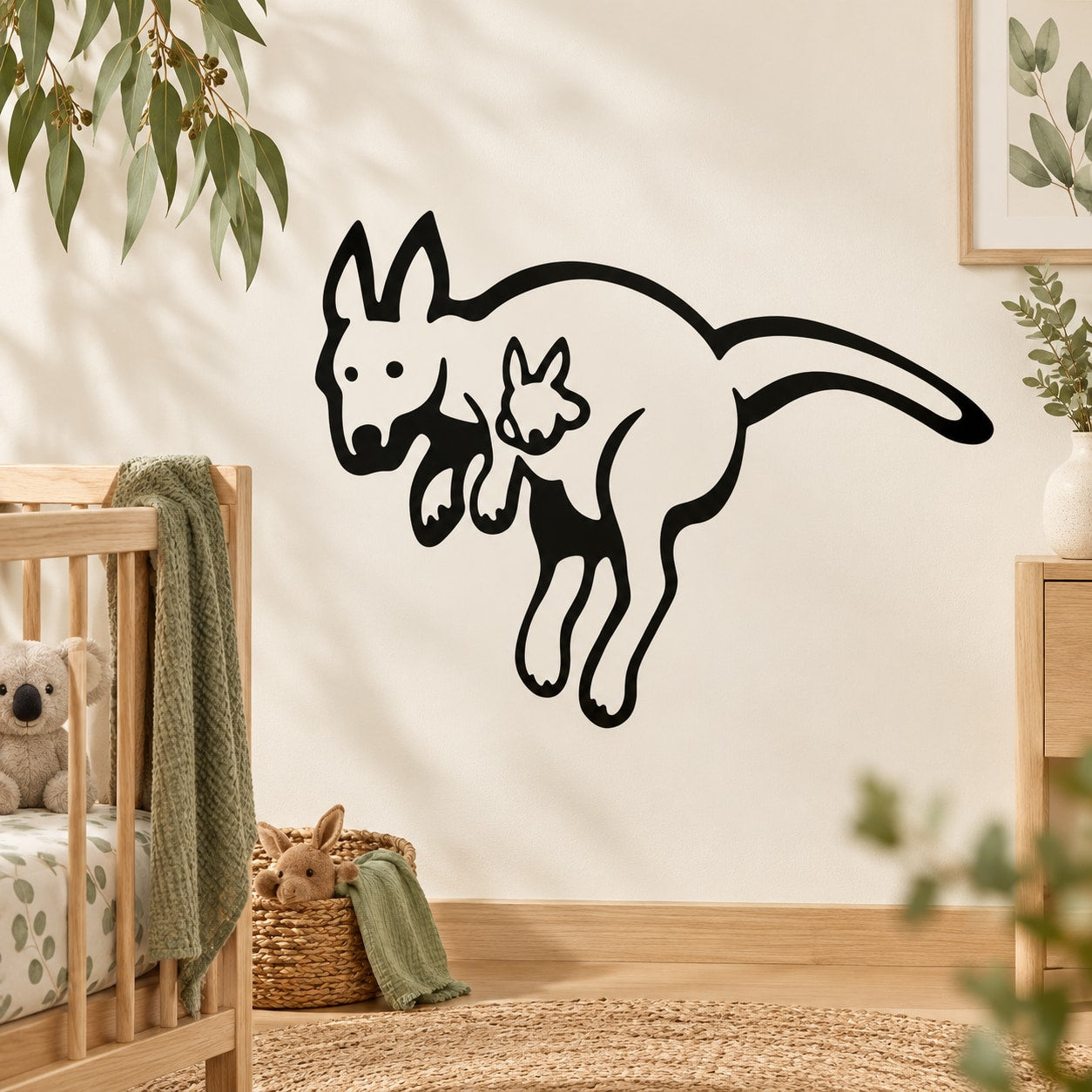 Kangaroo mom and joey wall decal, black outline