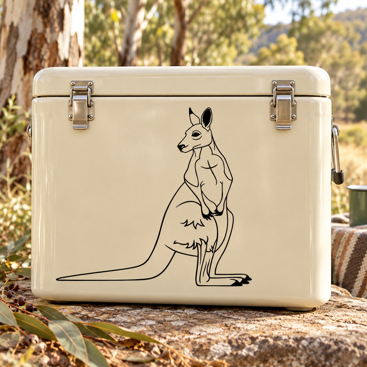 Black line-art kangaroo decal on cream background, centered on case