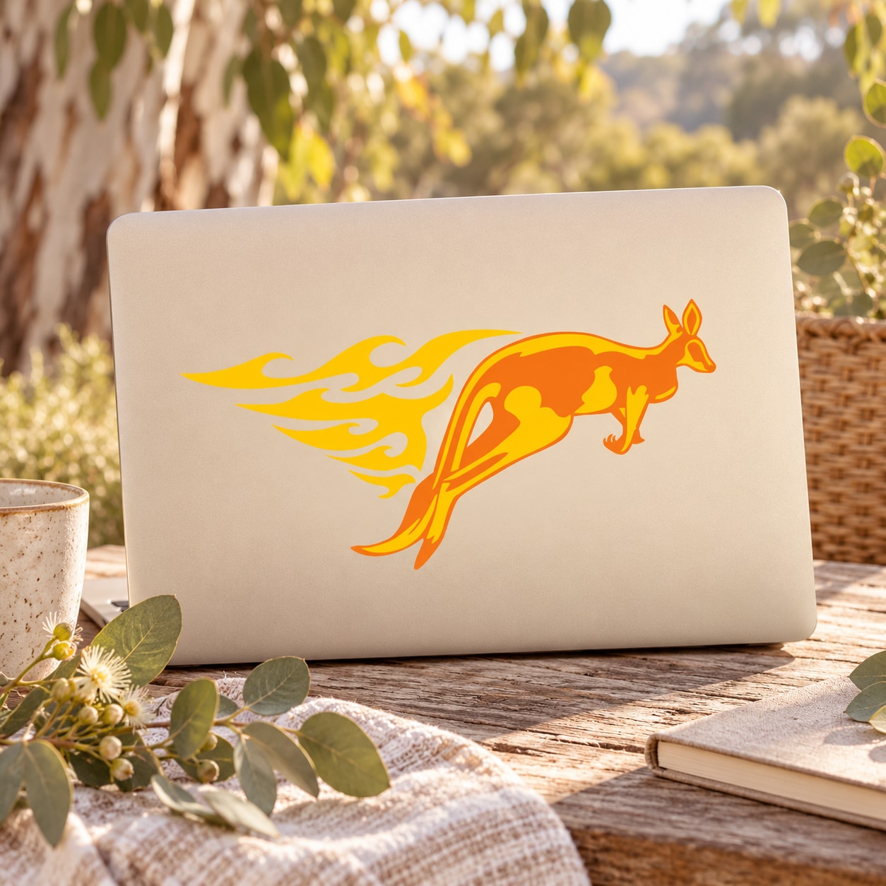 Fire kangaroo sticker with orange flame graphic on light rectangular backing