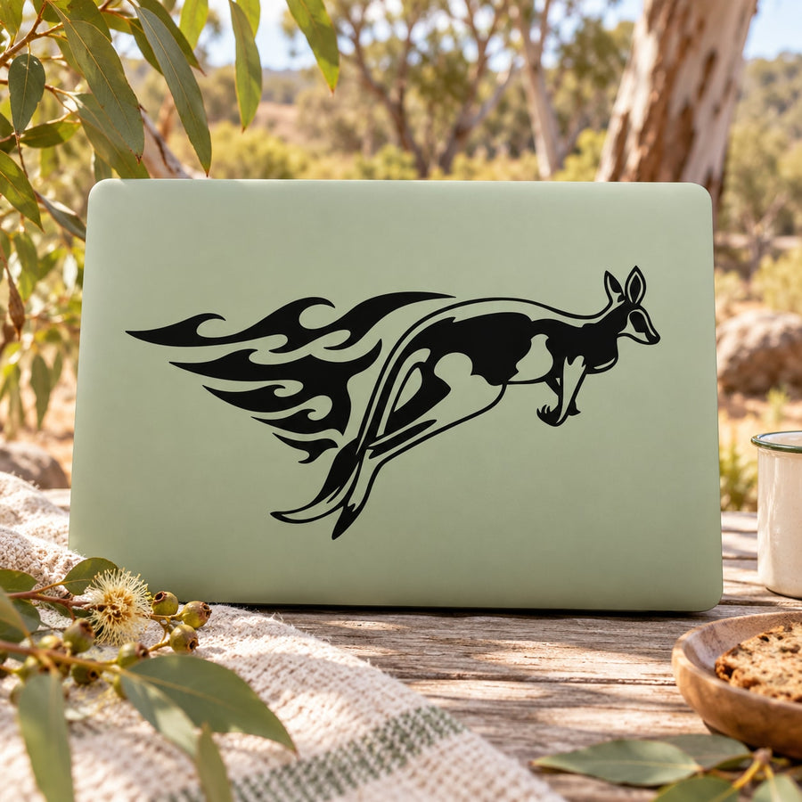 Kangaroo wall decal with flame graphic, black silhouette on light square backing