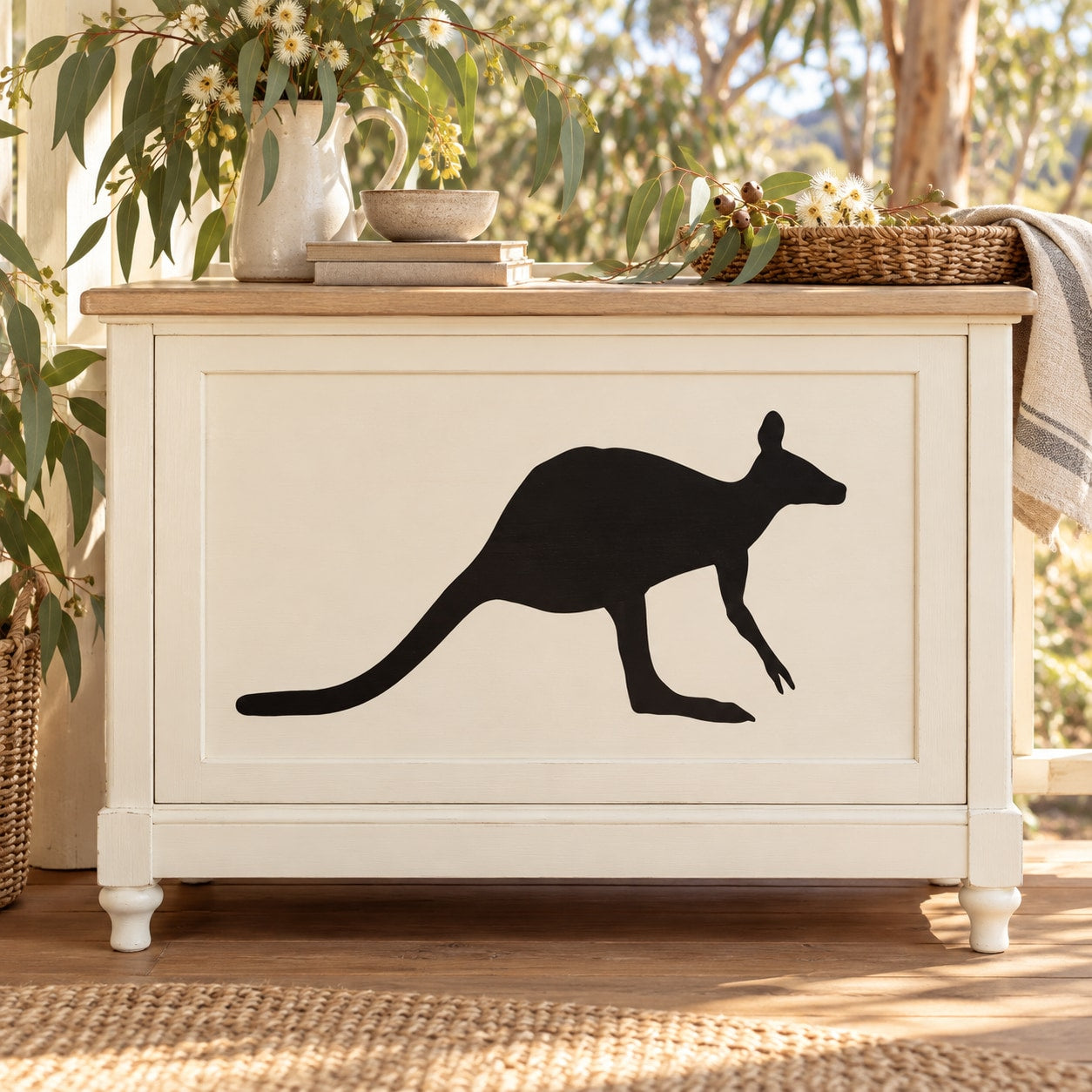 Black standing kangaroo wall decal on a rectangular background panel