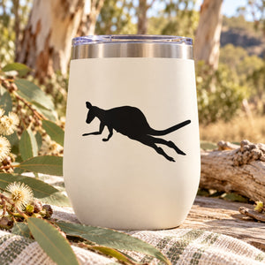 Leaping kangaroo decal silhouette, black design on white surface