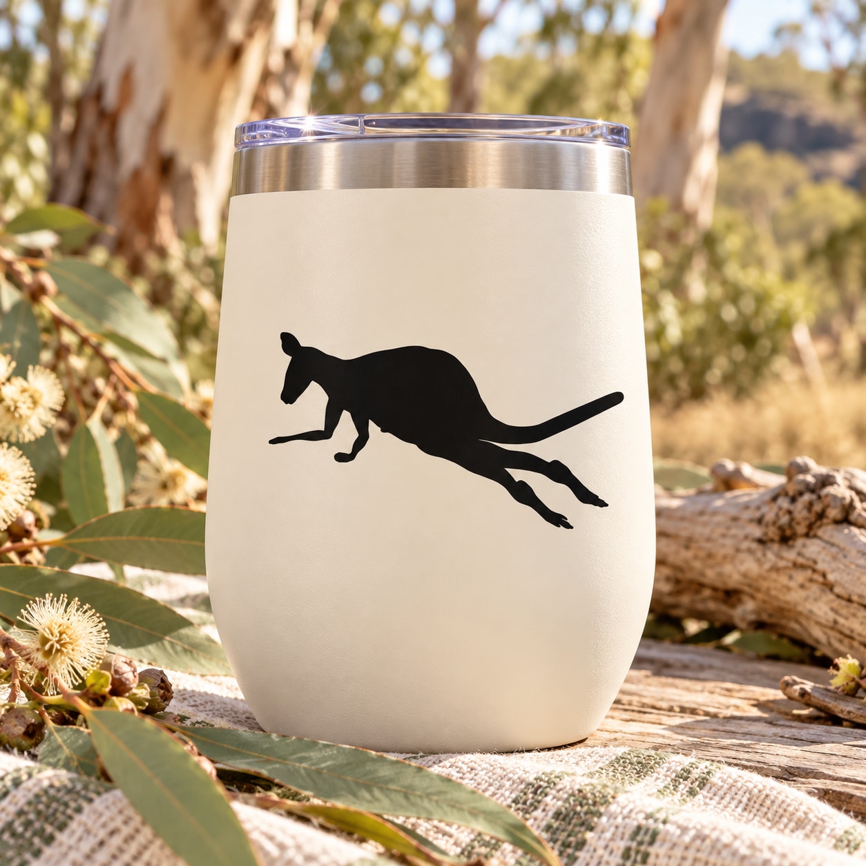 Leaping kangaroo decal silhouette, black design on white surface