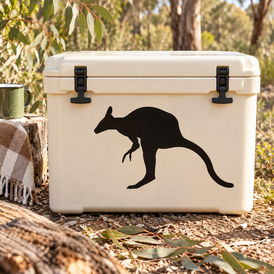 Black kangaroo decal sticker on white cooler box front