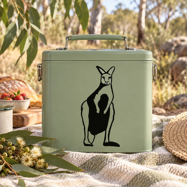 Black kangaroo silhouette decal on light green rectangular surface