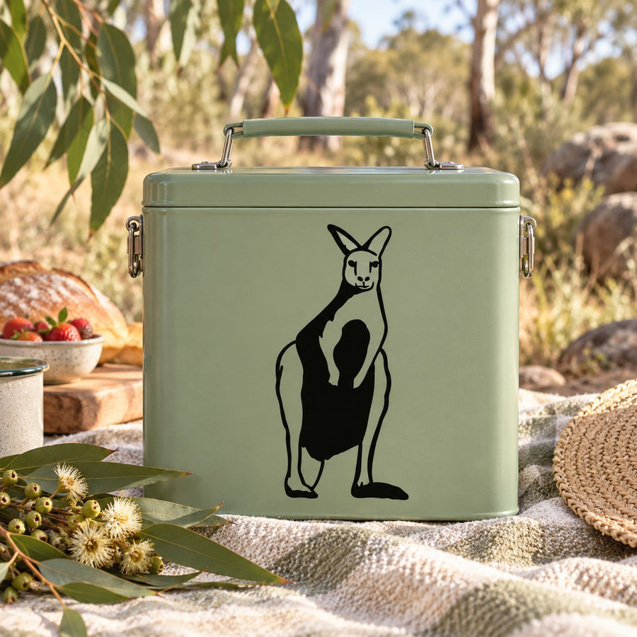 Black kangaroo silhouette decal on light green rectangular surface